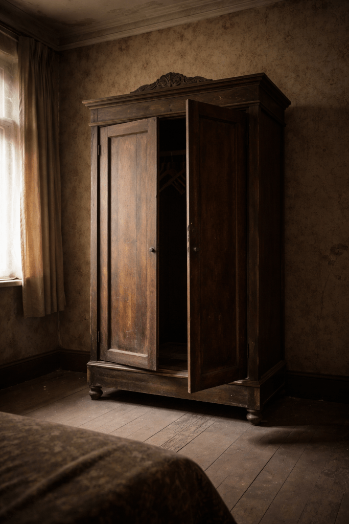 A wooden wardrobe slightly open with warm light inside, symbolizing a quiet inner refuge